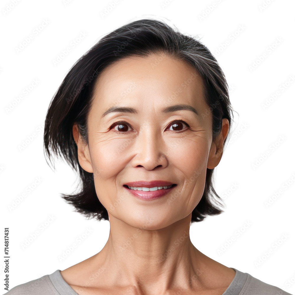 Asian beautiful gorgeous 50s mid aged mature woman looking at camera isolated on a transparent background. Healthy face skin care beauty. Asian beautiful gorgeous 50s mid aged mature woman looking at camera isolated on a transparent background. Healthy face skin care beauty.