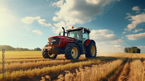 Tractor on field during agricultural harvest of grain with agricultural machinery  Farmer   Generative AI