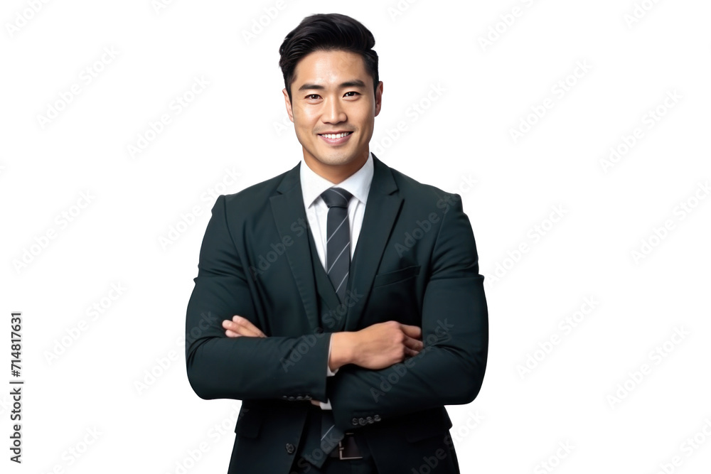 Asian business man smiling in suit, crossed arms isolated on a transparent background. Asian business man smiling in suit, crossed arms isolated on a transparent background.