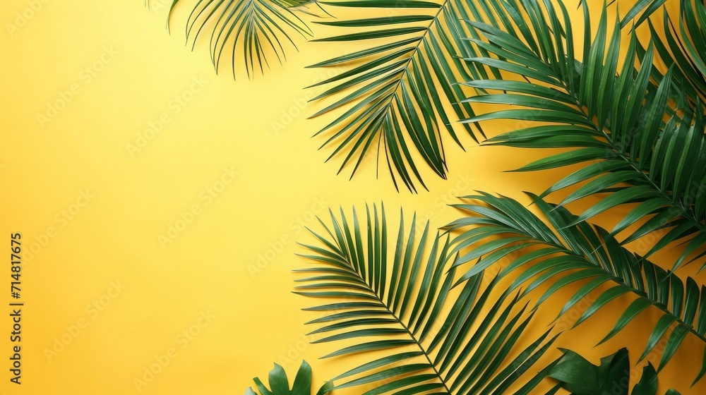 Top View of Tropical Palm Leaves on Yellow Background AI Generated