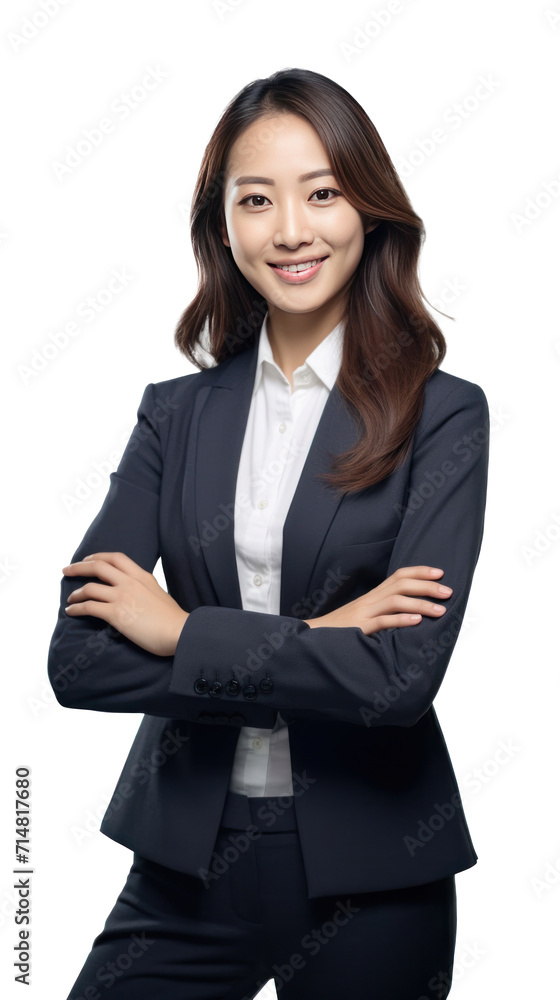Asian business woman smiling in suit, crossed arms isolated on a transparent background. Asian business woman smiling in suit, crossed arms isolated on a transparent background.