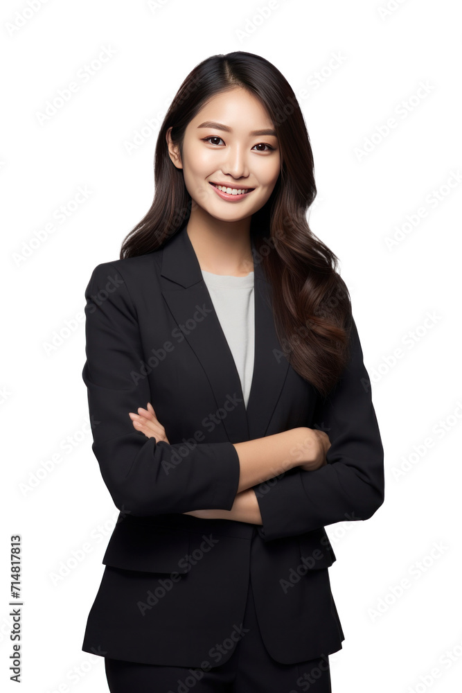 Asian business woman smiling in suit, crossed arms isolated on a transparent background. Asian business woman smiling in suit, crossed arms isolated on a transparent background.