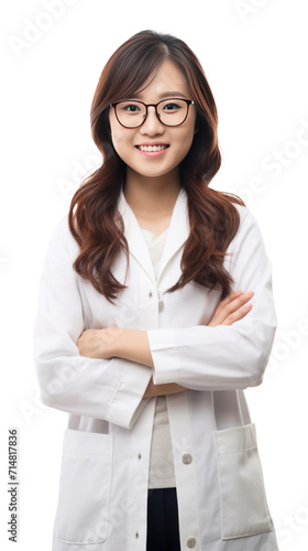 Asian happy female pharmacist standing with your arms crossed with confidence isolated on a transparent background.