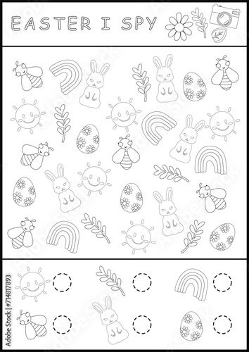 Easter printable worksheet in black and white. I spy game page for children. Searching and counting activity with drawing symbols. Spring simple spotting coloring page with bunny, eggs, and gardening