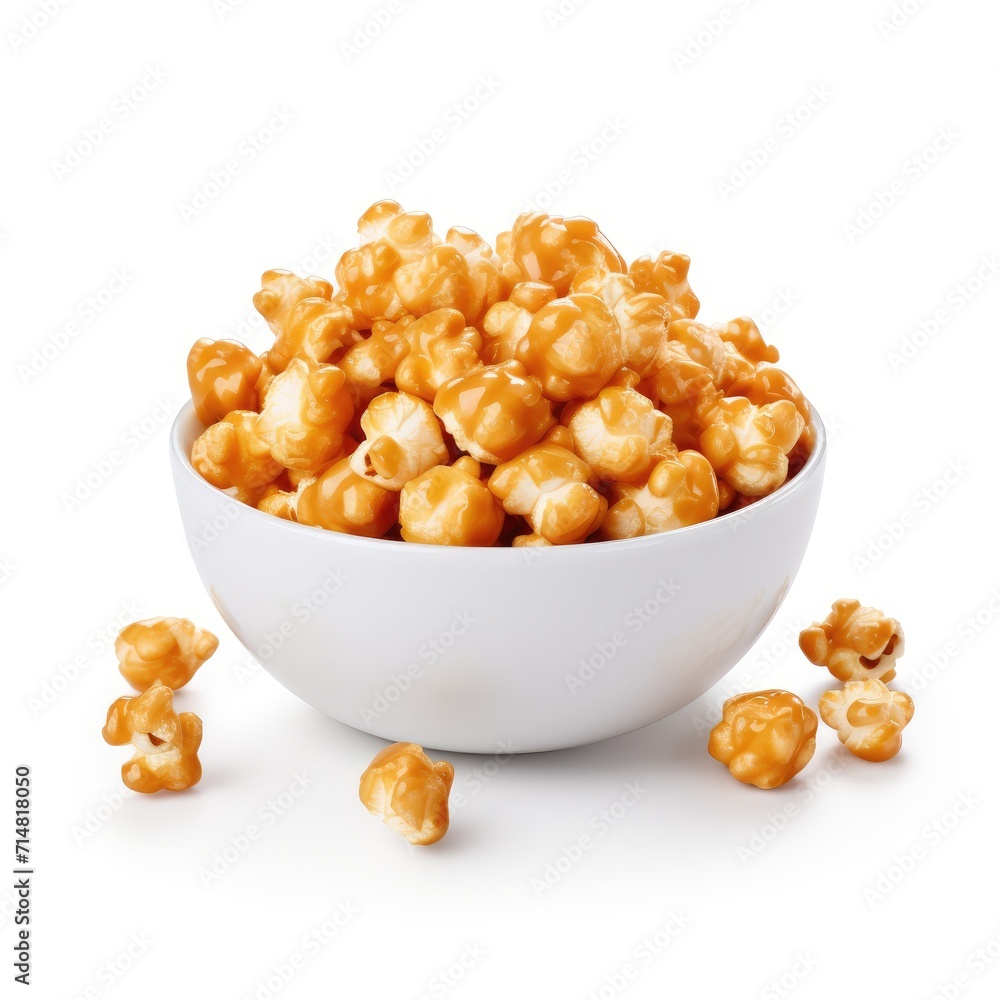 Caramel popcorn in a bowl isolated on white background