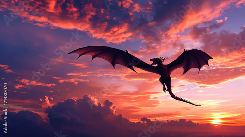 dragon soaring in the sky at dusk, detailed silhouette against a vividly colored sunset, photorealistic clouds and sky