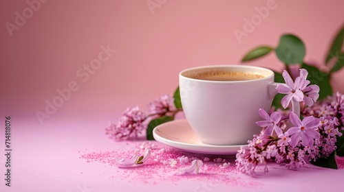 Festive Valentine's Day Greeting Card with Pink Background, Purple Flowers, and Cup of Coffee AI Generated