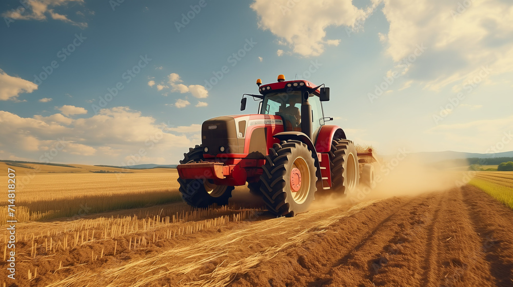 Obraz premium Tractor on field during agricultural harvest of grain with agricultural machinery, Farmer | Generative AI