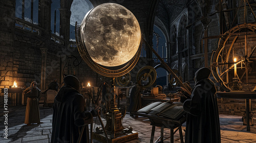 group of medieval scholars studying the heavens, with a large, intricate armillary sphere in the center, surrounded by detailed manuscripts and tools of astrology, under the enchanting light of a full photo