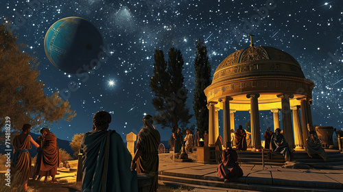 ancient Greek observatory, with philosophers and astronomers gathered around, studying a celestial globe and star charts, under a vividly depicted night sky full of stars and constellations, capturing