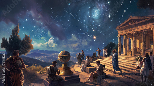Print op canvas ancient Greek observatory, with philosophers and astronomers gathered around, st