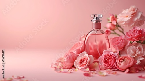 Minimalistic Women's Perfume Bottle and Roses Flowers on Pink Background AI Generated