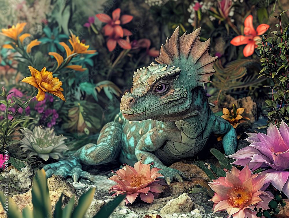 dragon in a fantasy garden, surrounded by exotic flowers, detailed textures on both dragon and flora dragon in a fantasy garden, surrounded by exotic flowers, detailed textures on both dragon and flora