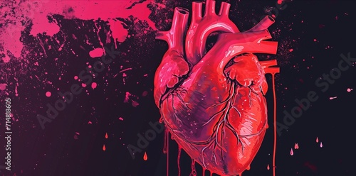 pop art style , anatomic  red heart on dark background, banner wallpaper valentine  concept photo