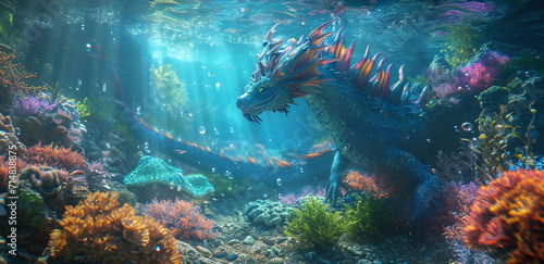 underwater dragon in a coral reef, detailed underwater scenery, realistic light refraction and bubbles, vibrant marine life around photo