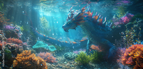 underwater dragon in a coral reef, detailed underwater scenery, realistic light refraction and bubbles, vibrant marine life around