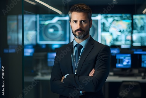 A cybersecurity executive in a suit stands before a backdrop of surveillance screens in a control room