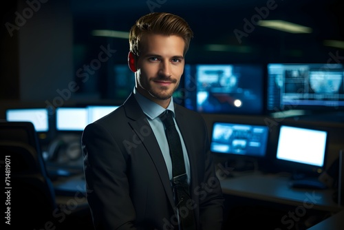 A cybersecurity executive in a suit stands before a backdrop of surveillance screens in a control room