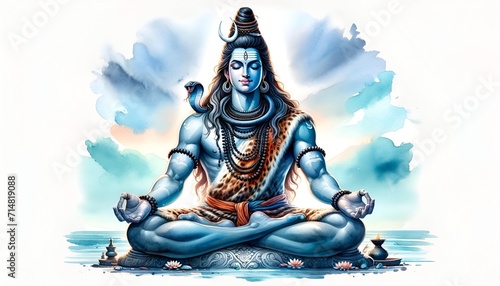 Watercolor style image of a meditative figure of shiva.