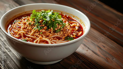 Sichuan noodles in a deep red chili oil sauce, garnished with crushed peanuts and cilantro, served in a white porcelain bowl, contrasting with a dark wooden table