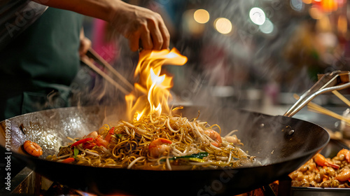 street food vendor preparing stir-fried noodles in a wok, with vibrant vegetables and shrimp, flames visible, busy night market background