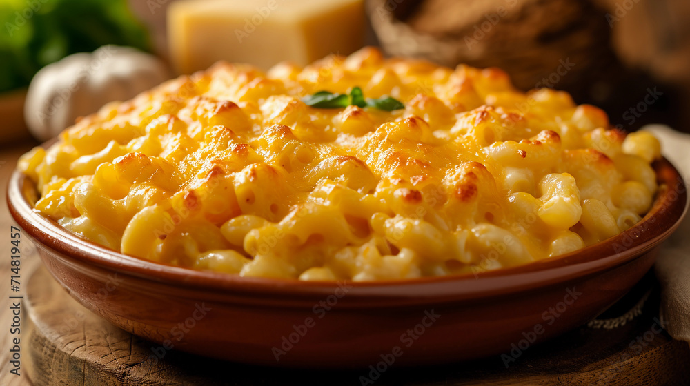 American macaroni and cheese, creamy and rich, with a golden-brown baked cheese crust, served in a ceramic dish, warm kitchen background, cozy ambiance American macaroni and cheese, creamy and rich, with a golden-brown baked cheese crust, served in a ceramic dish, warm kitchen background, cozy ambiance