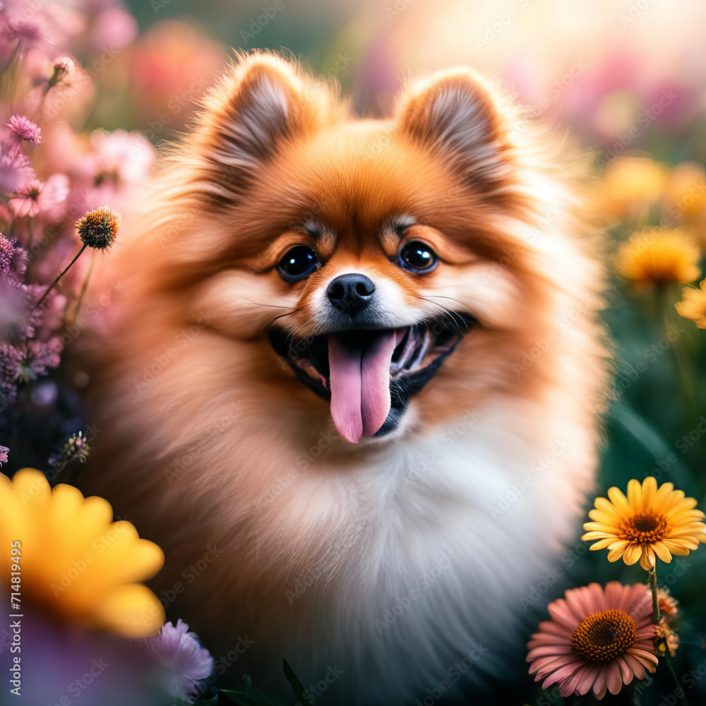 Dog among flowers.