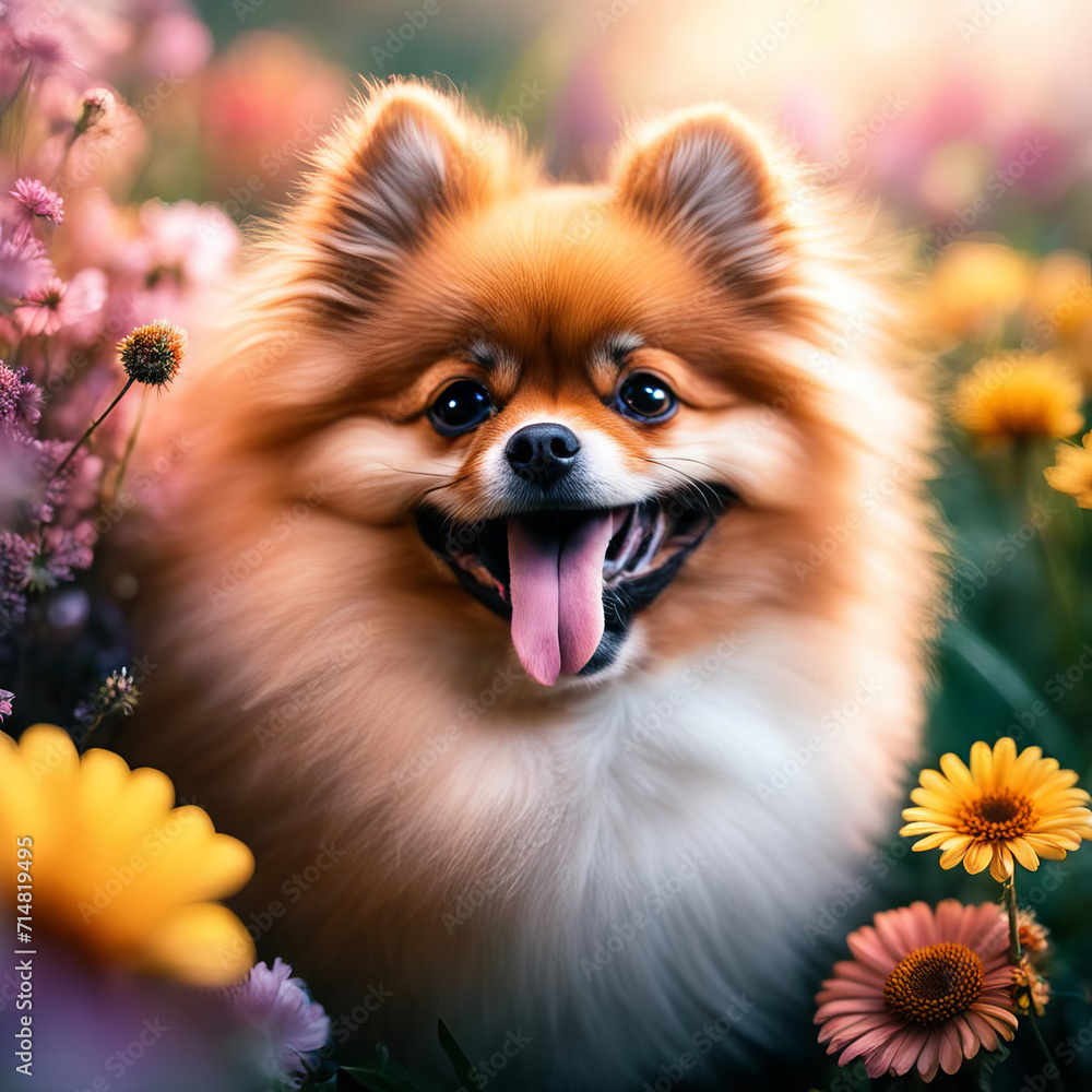 Obraz premium Dog among flowers.