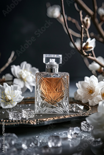 Isolated elegant perfume product with flowers