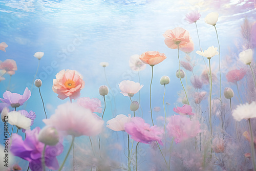 dreamlike scene of vibrant flowers in a surreal environment, pastel colors. Generated with AI