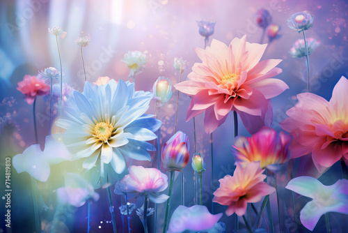 dreamlike scene of vibrant flowers in a surreal environment  pastel colors. Generated with AI