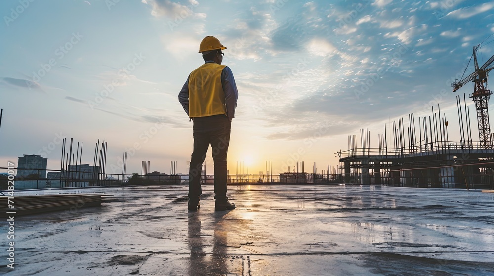 Fototapeta premium a man as civil engineer stand on the white background with tools