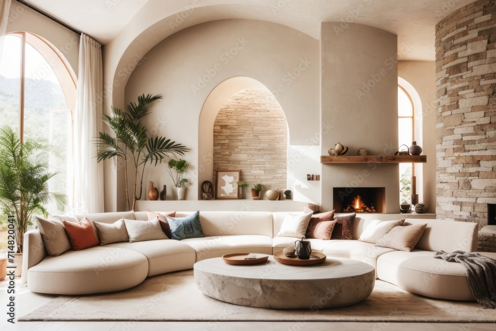 Foto de Japandi interior home design of modern living room with curved ...