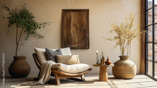 A comfortable fabric lounge chair is paired with a wood stump side table, creating a cozy corner against a beige stucco wall. Ample copy space is available for showcasing decorative elements.