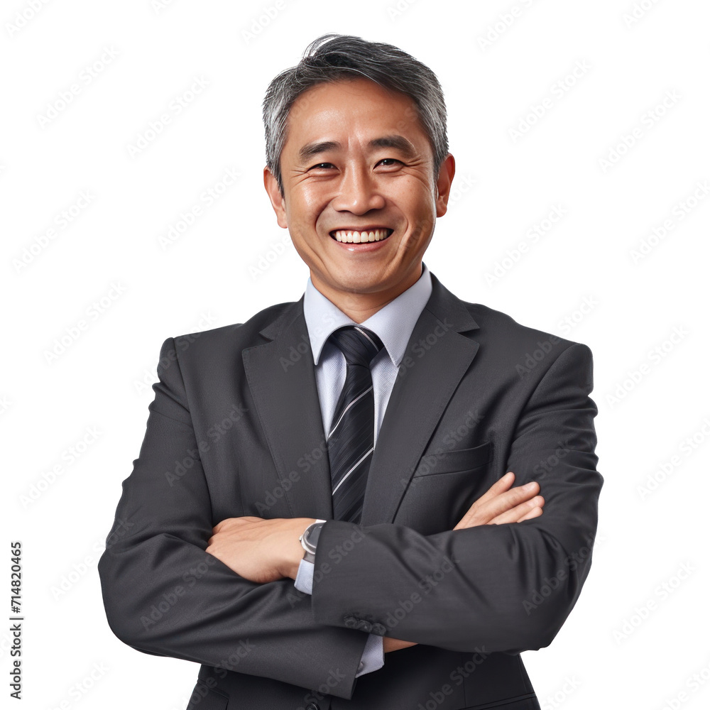 Asian middle-aged business man smiling in suit, crossed arms isolated on a transparent background. Asian middle-aged business man smiling in suit, crossed arms isolated on a transparent background.