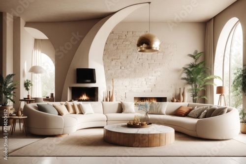 Japandi interior home design of modern living room with curved beige sofa and wooden furniture with houseplants and fireplace against stone cladding wall
