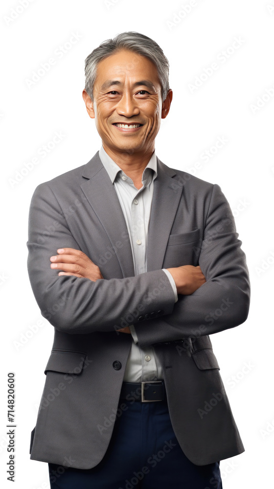 Asian middle-aged business man smiling in suit, crossed arms isolated on a transparent background. Asian middle-aged business man smiling in suit, crossed arms isolated on a transparent background.