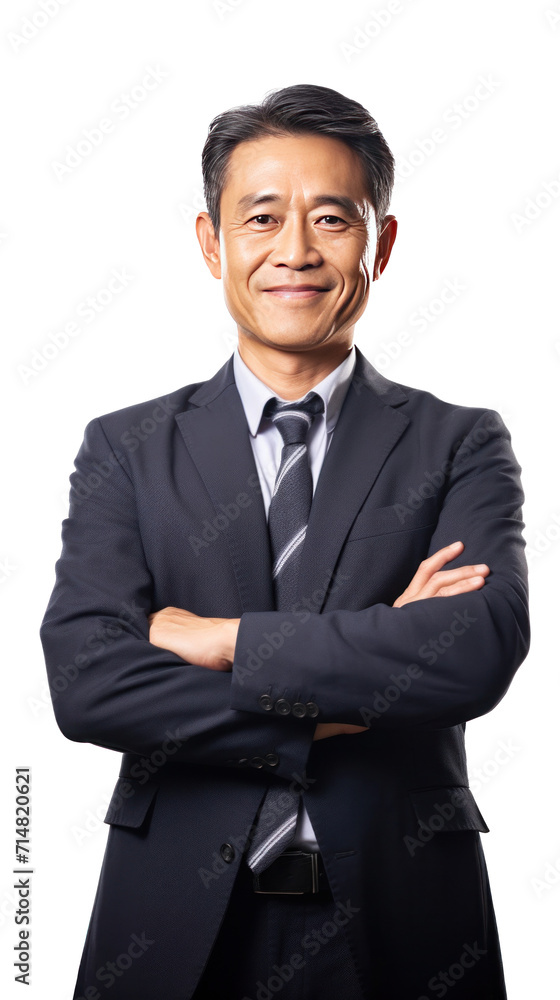 Asian middle-aged business man smiling in suit, crossed arms isolated on a transparent background. Asian middle-aged business man smiling in suit, crossed arms isolated on a transparent background.