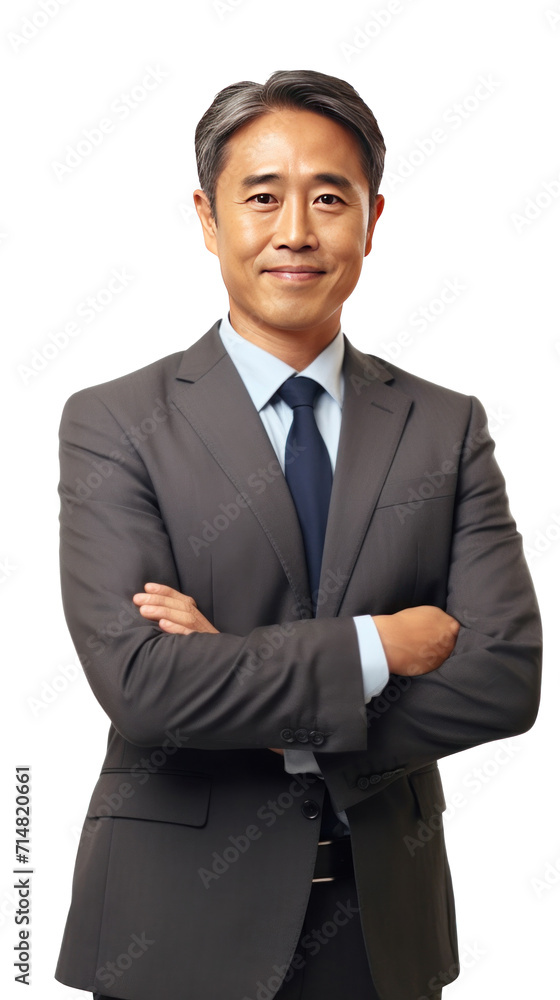 Asian middle-aged business man smiling in suit, crossed arms isolated on a transparent background. Asian middle-aged business man smiling in suit, crossed arms isolated on a transparent background.
