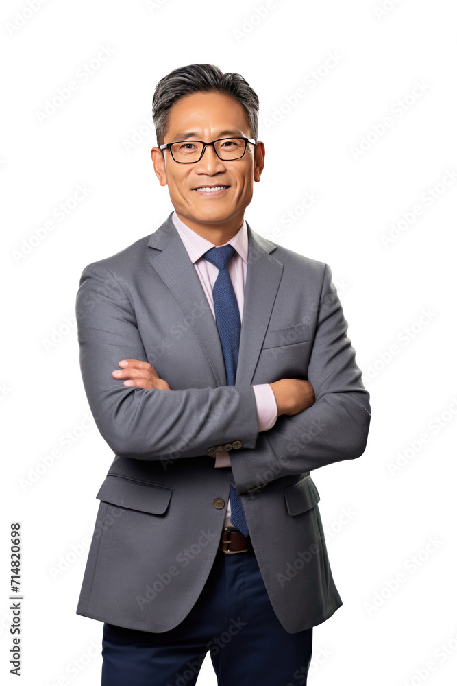 Asian middle-aged business man smiling in suit, crossed arms isolated on a transparent background. Asian middle-aged business man smiling in suit, crossed arms isolated on a transparent background.
