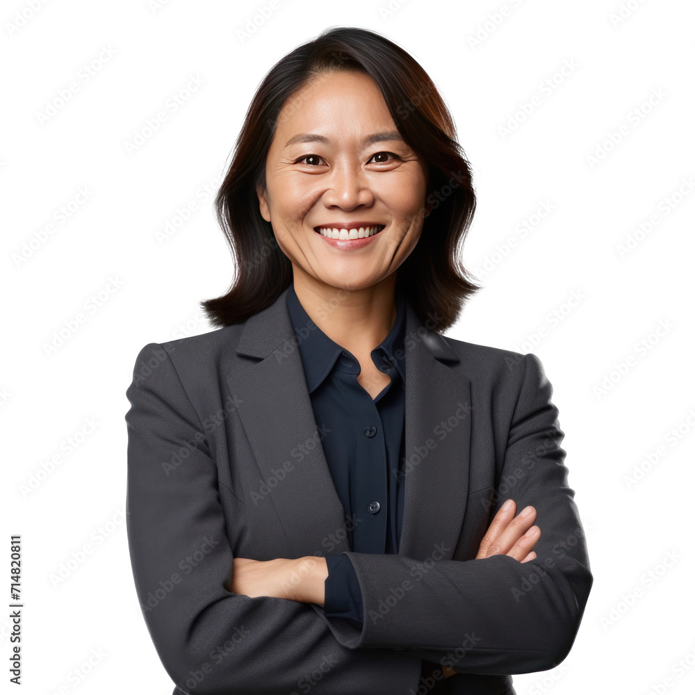 Asian middle-aged business woman smiling in suit, crossed arms isolated on a transparent background. Asian middle-aged business woman smiling in suit, crossed arms isolated on a transparent background.