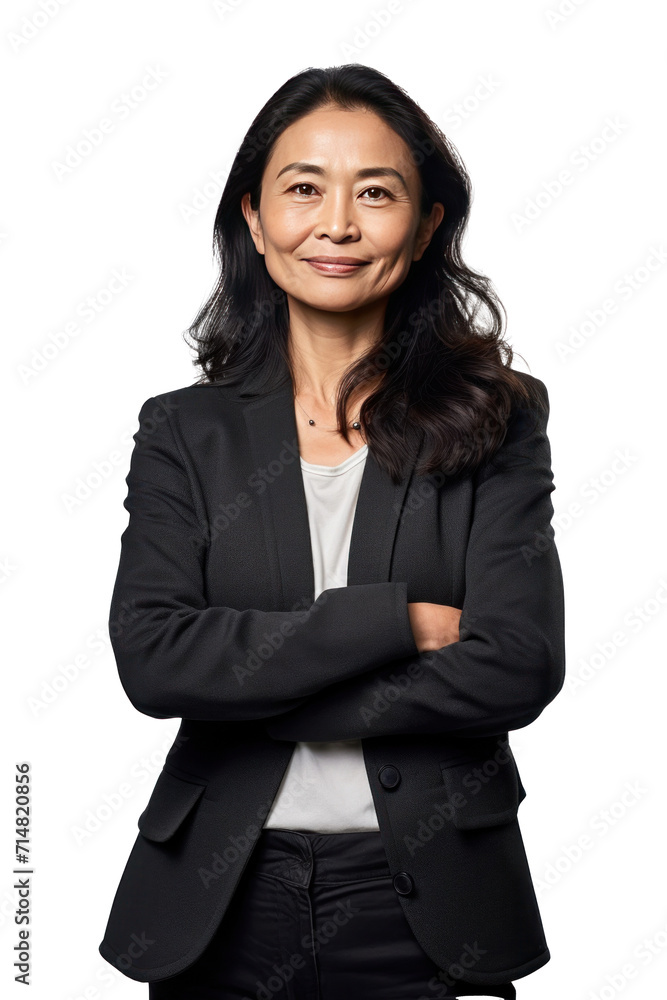 Asian middle-aged business woman smiling in suit, crossed arms isolated on a transparent background. Asian middle-aged business woman smiling in suit, crossed arms isolated on a transparent background.