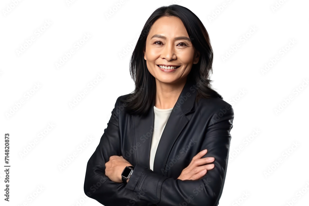 Asian middle-aged business woman smiling in suit, crossed arms isolated on a transparent background. Asian middle-aged business woman smiling in suit, crossed arms isolated on a transparent background.