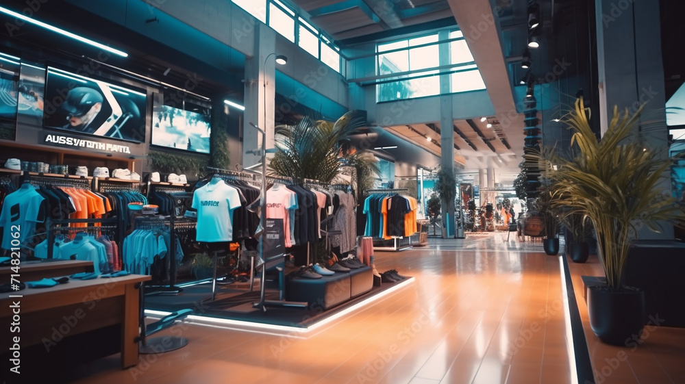 The interior of a sportswear and footwear store for active sports. AI generated. - obrazy, fototapety, plakaty 