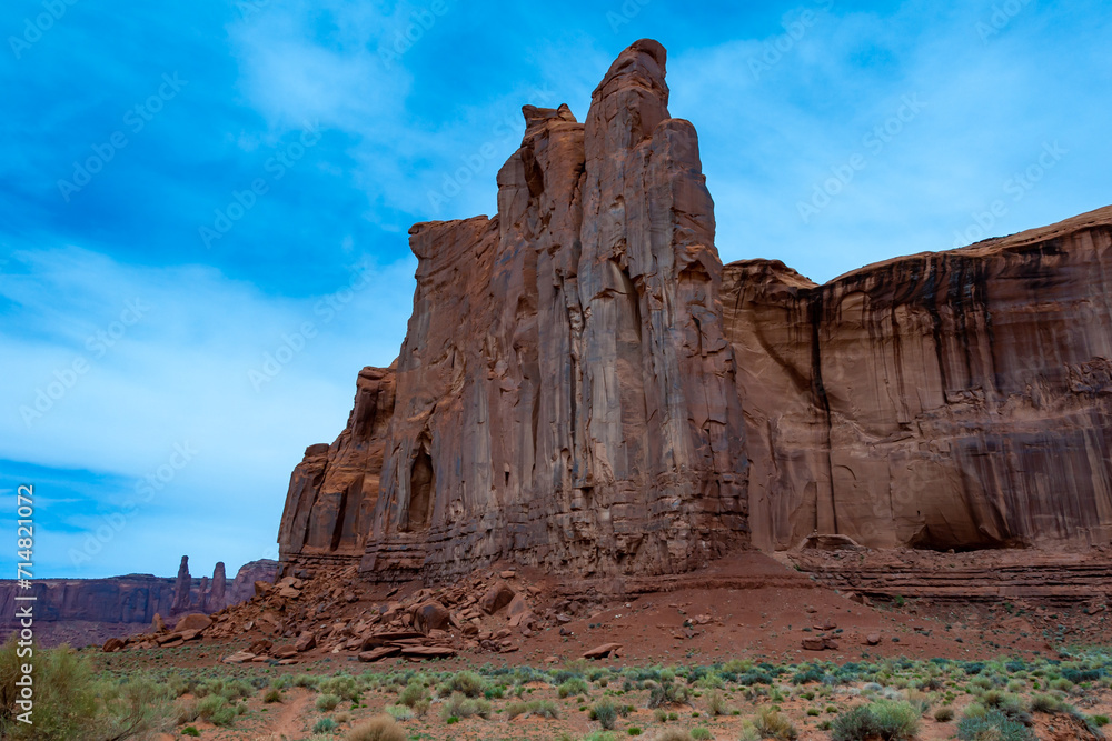 Desert landscape with red rocks and dry vegetation on red sands in Monument Valley, Navajo Nation,  Arizona - Utah