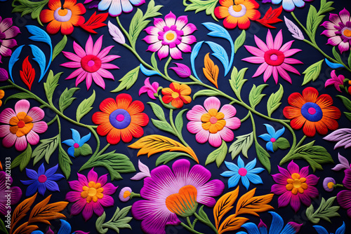 Handcrafted Heritage, Mexican Textile Delight. Mexican embroidery, flowers, floral ethnic pattern. Close up. Generative AI