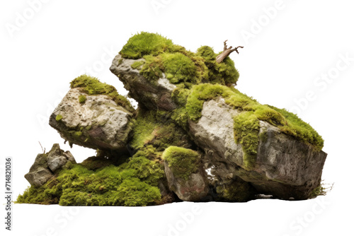 Beautiful of Large rocks with overgrown foliage and moss, plants and foliage around isolated on a transparent background.