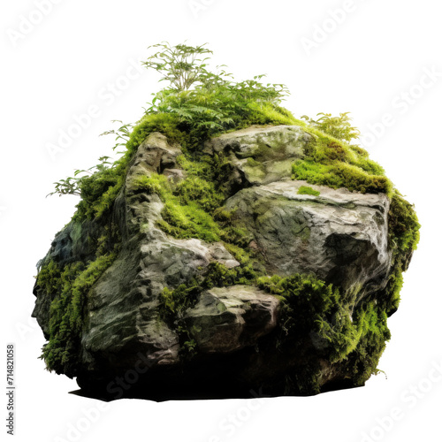 Beautiful of Large rocks with overgrown foliage and moss  plants and foliage around isolated on a transparent background.