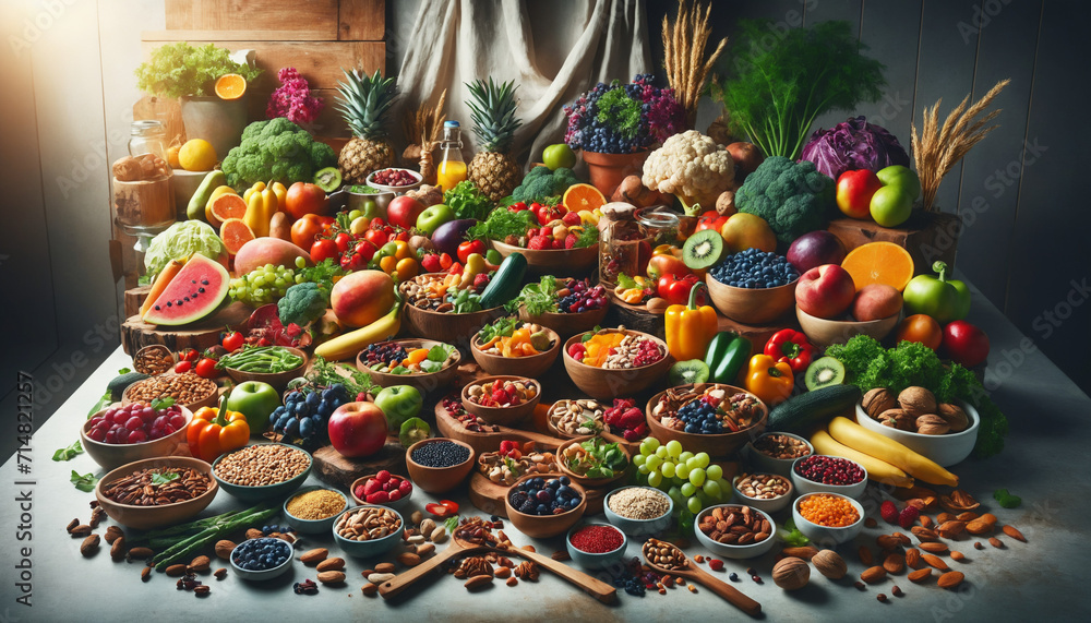 Vibrant Vegan Feast: A Colorful Array of Plant-Based Foods

This wide 16:9 image showcases a vibrant and colorful assortment of vegan foods, artfully arranged in a kitchen setting.