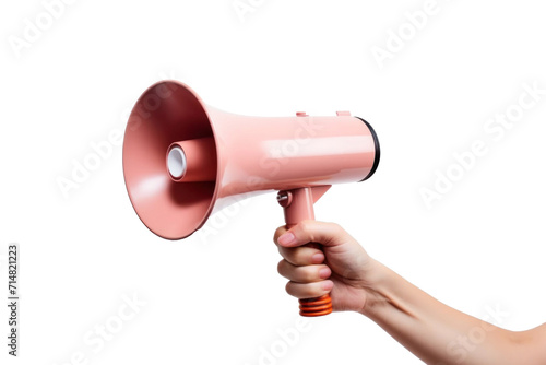 Close up hand holding megaphone, marketing and sales isolated on a transparent background.